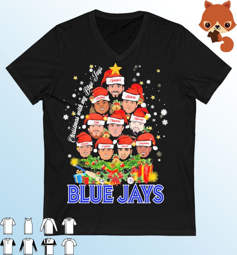 Santa Blue Jay Team Christmas With My Blue Jays Tree Signatures Shirt