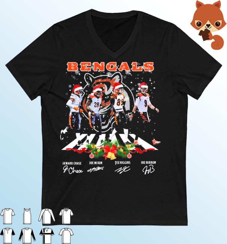 The Bengals Ja'marr Chase Joe Mixon Tee Higgins And Joe Burrow Abbey Road Christmas Signatures Shirt