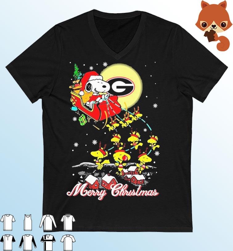Santa Snoopy And Woodstock Riding Reindeers Georgia Bulldogs Merry Christmas Shirt