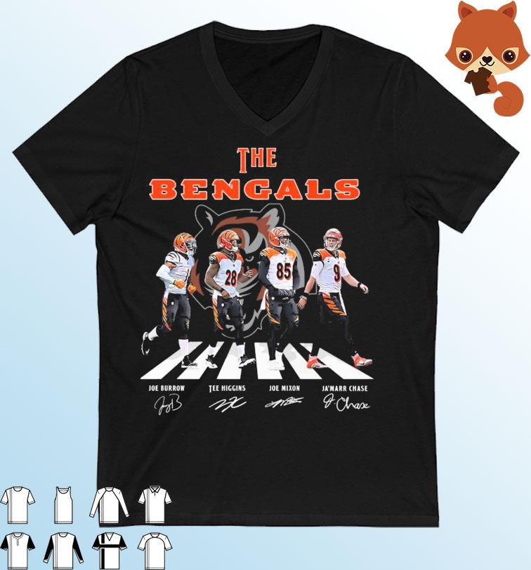 The Bengals Abbey Road Joe Burrow Tee Higgins Joe Mixon And Ja'marr Chase 2023 Signatures Shirt