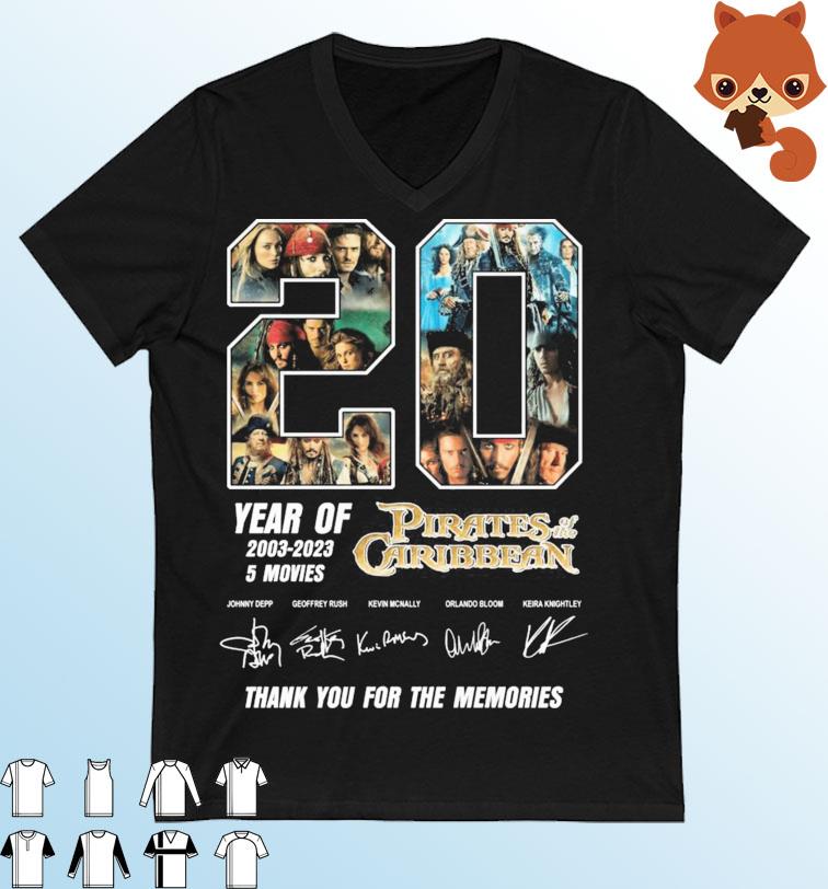 20 Years Of Pirates Of The Caribbean 2003-2023 5 Movies Thank You For The Memories Signatures Shirt