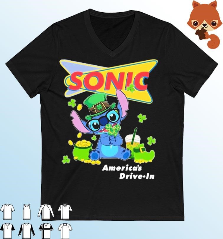 Baby Stitch And Sonic America's Drive-In Logo St Patrick's Day Shirt