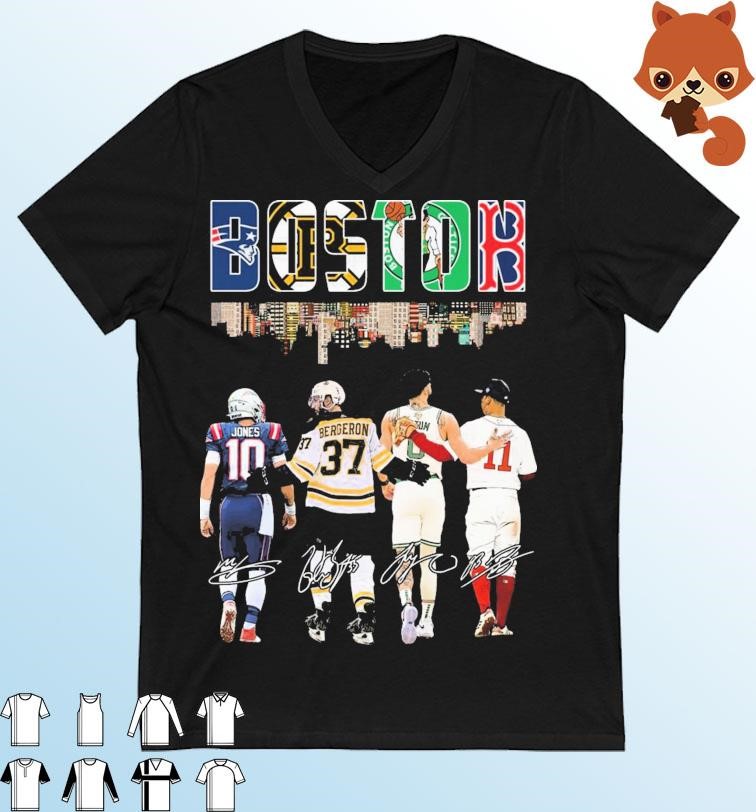 Boston Skyline Sport Teams Players Jones Bergeron Tatum and Devers Signatures Shirt New England Patriots Boston Bruins, Boston Celtic And Boston Red Sox