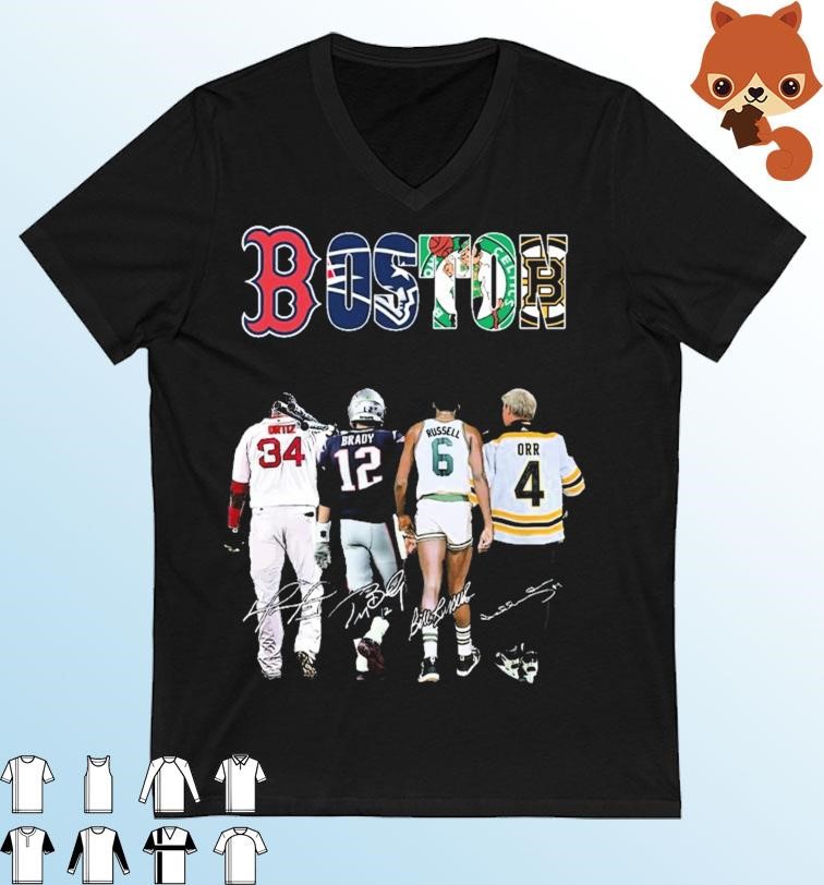 Boston Sports Teams Ortiz Brady Russell and Orr signatures shirt