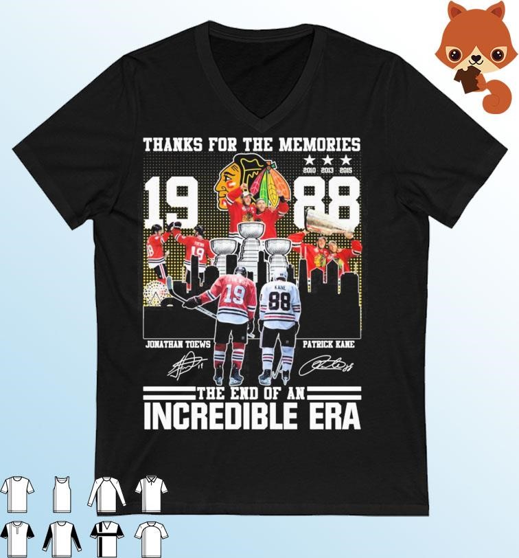 Official Jonathan Toews and Patrick Kane the end of an incredible era  memories signatures T-Shirt, hoodie, sweater, long sleeve and tank top